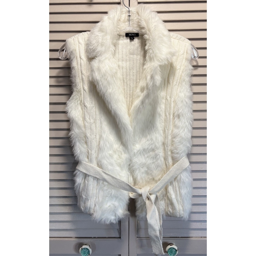 Vintage Y2K XOXO Off White Faux Fur Collar‎ Cable Knit Vest Size Medium Tie Soft